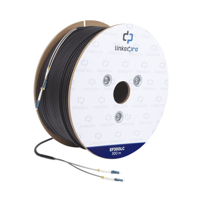 EF300LC-l Carrete de Fibra Óptica Monomodo con conectores LC-LC Duplex, Reforzada con Kevlar, de 300 metros - Imagen 1